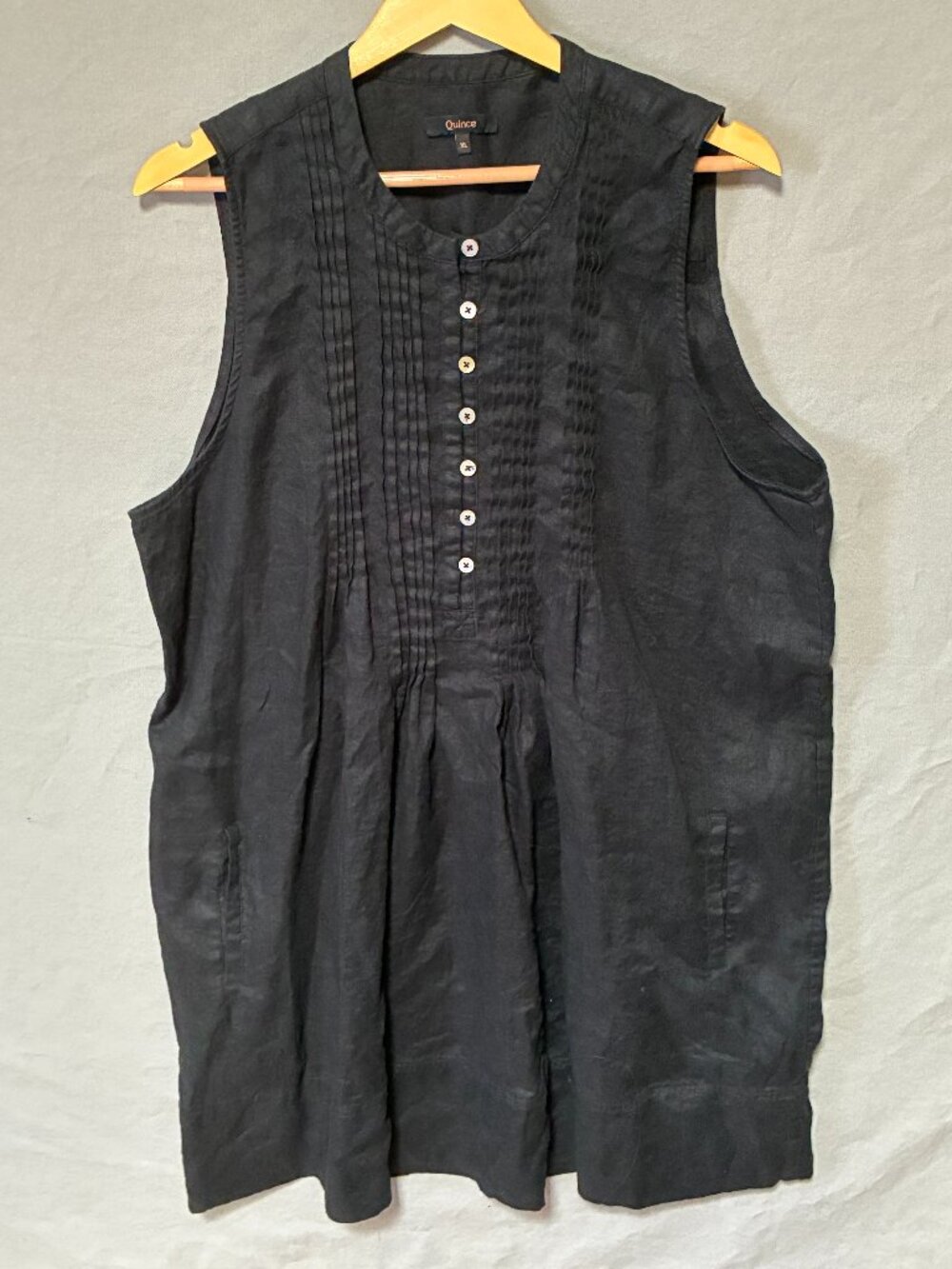 Quince Linen Pintuck Swing Dress Black Sleeveless Size XL Quiet Luxury Lagenlook